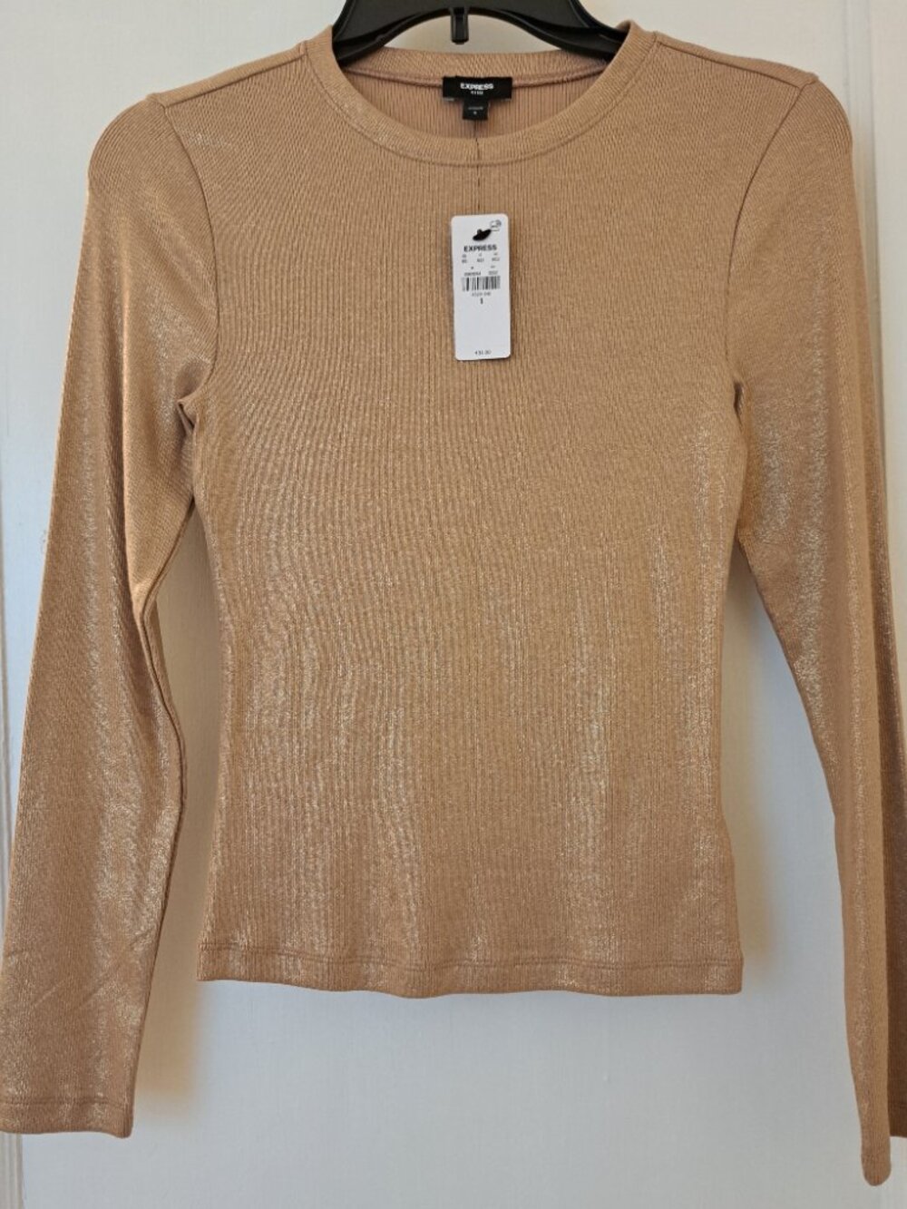 EXPRESS Shimmery Metallic GOLD Crew Neck Long Sleeve Fitted Shirt Top SIZE Small